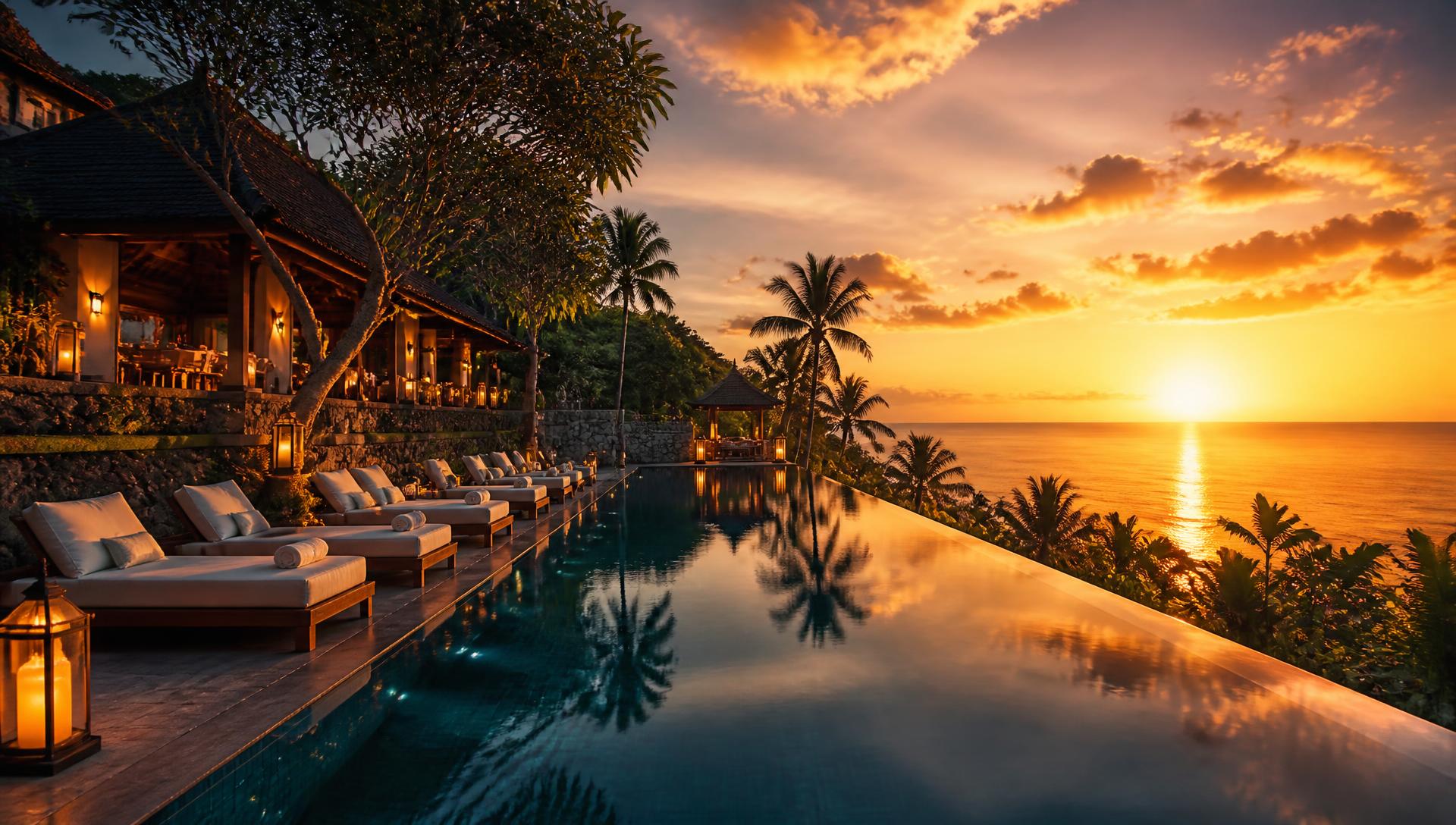 A five-star Southeast Asian resort pool at sunset